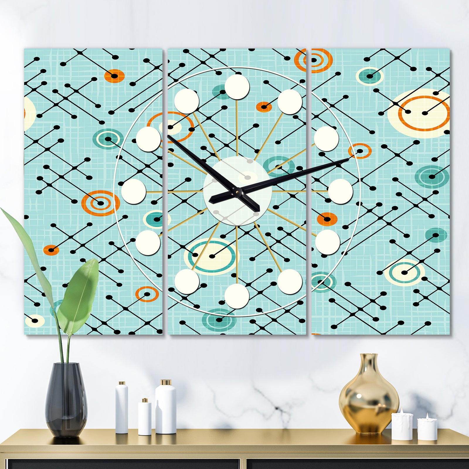 Retro Abstract Design XIV - Oversized Mid-Century wall clock - 3 Panels