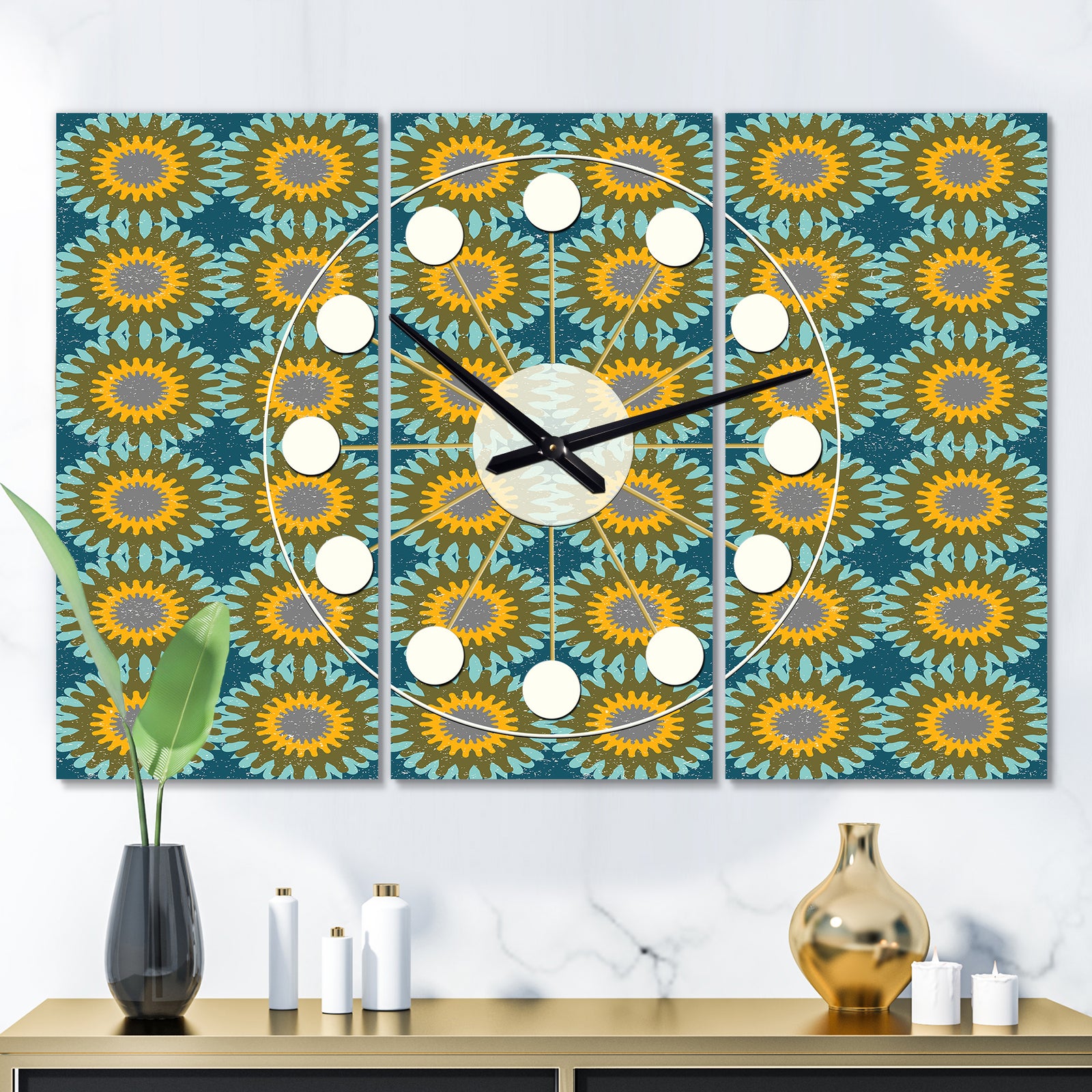 Retro Circular Pattern I - Oversized Mid-Century wall clock - 3 Panels