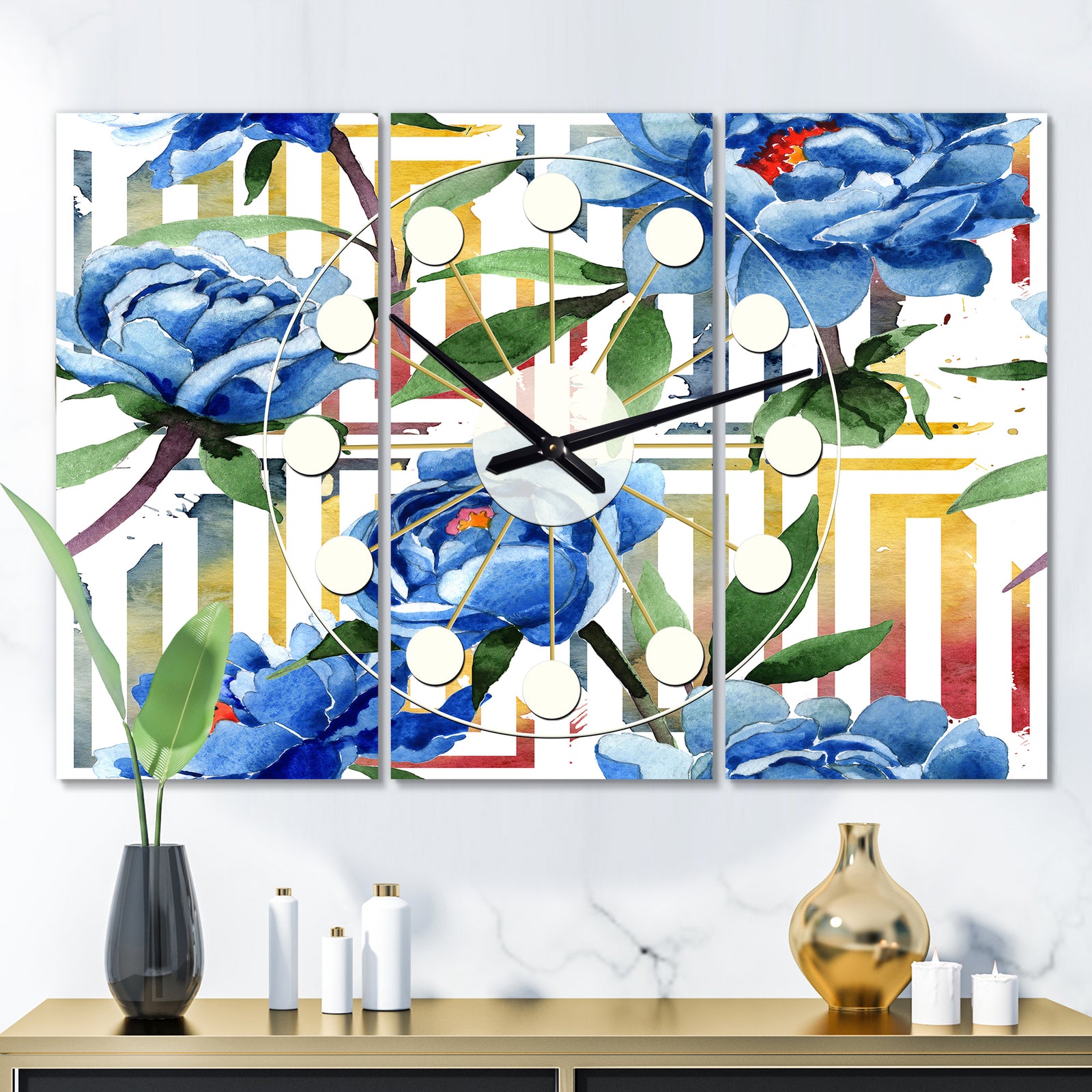Retro Floral Botanical Design I - Oversized Mid-Century wall clock - 3 Panels