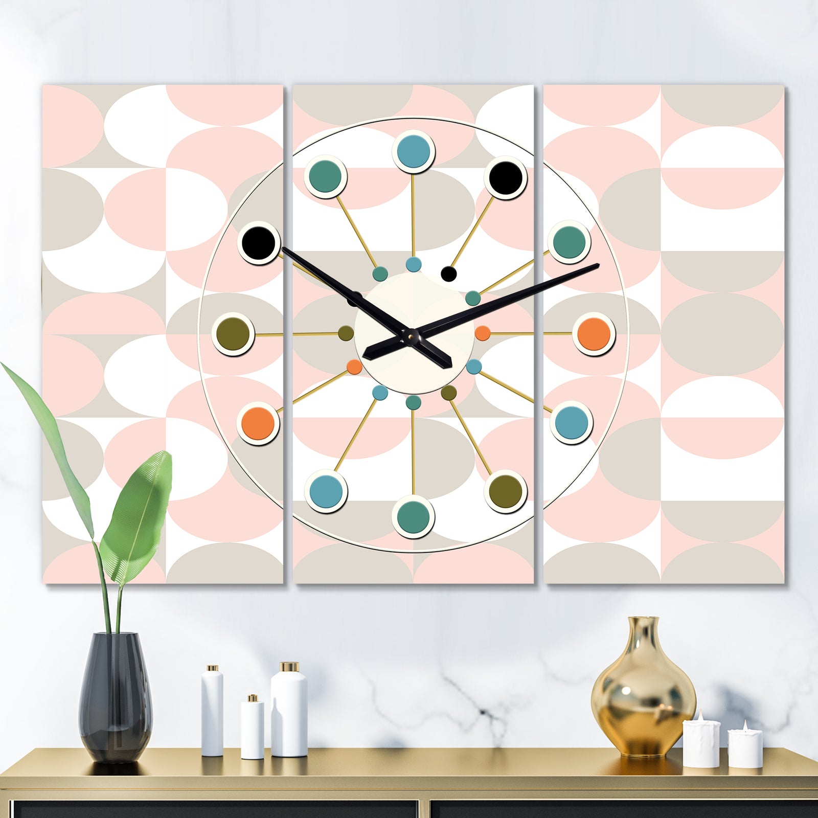 Retro Circular Pattern III - Oversized Mid-Century wall clock - 3 Panels