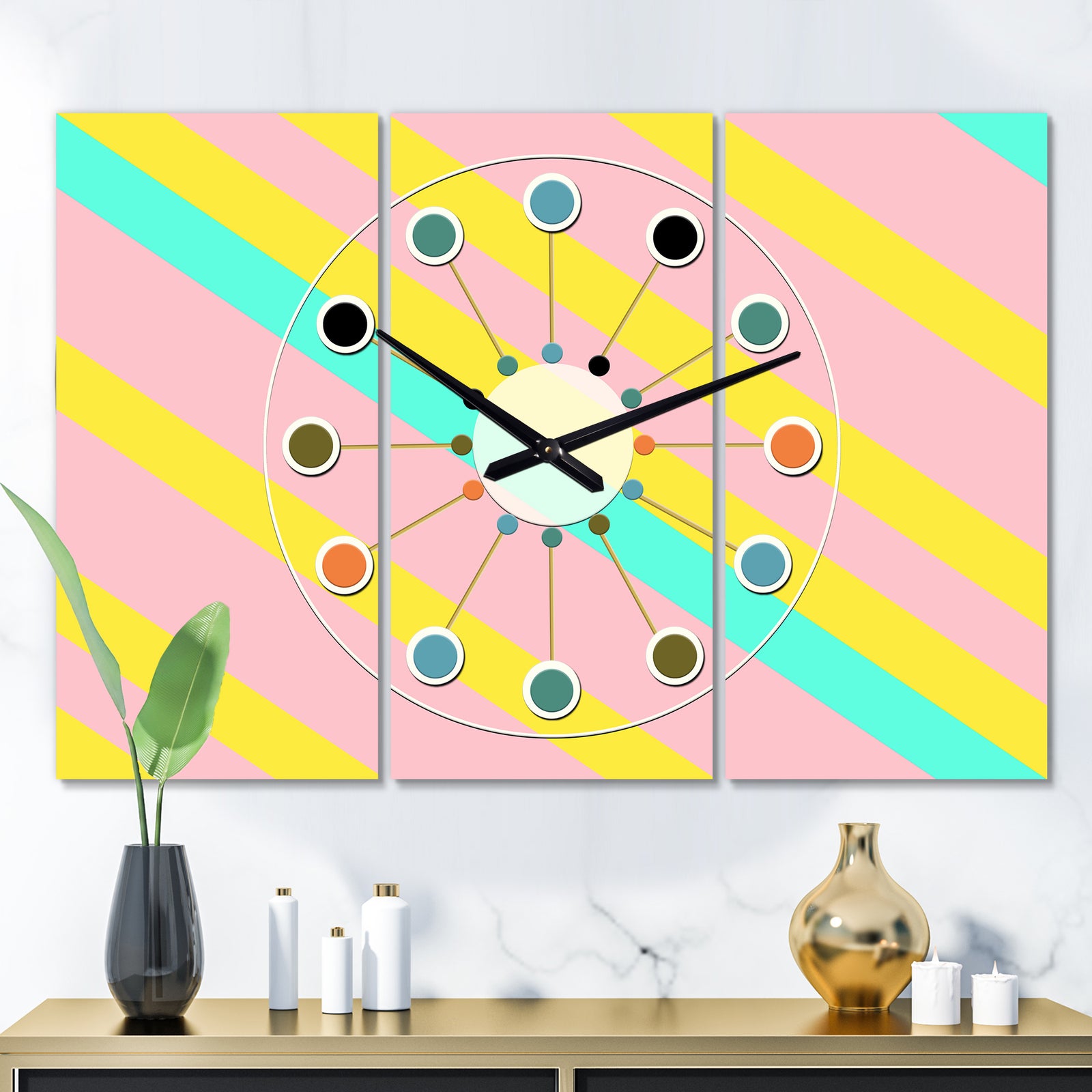 Memphis Retro Neon Pattern - Oversized Mid-Century wall clock - 3 Panels