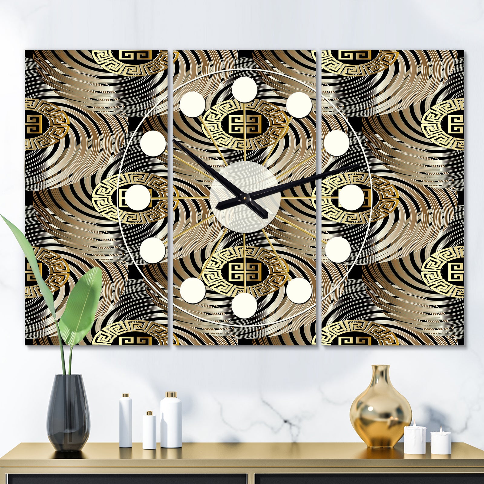 Circular Geometric Retro Abstract I - Oversized Mid-Century wall clock - 3 Panels