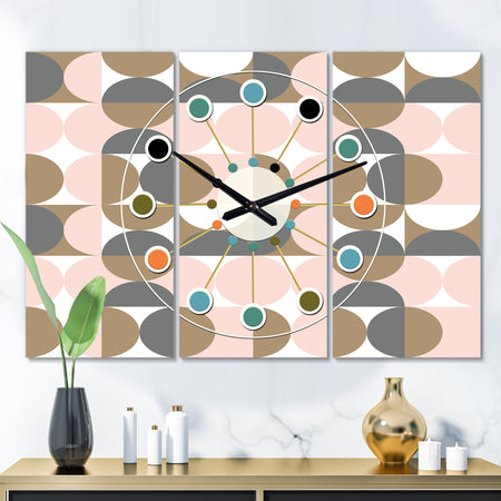Retro Circular Pattern IV - Oversized Mid-Century wall clock - 3 Panels