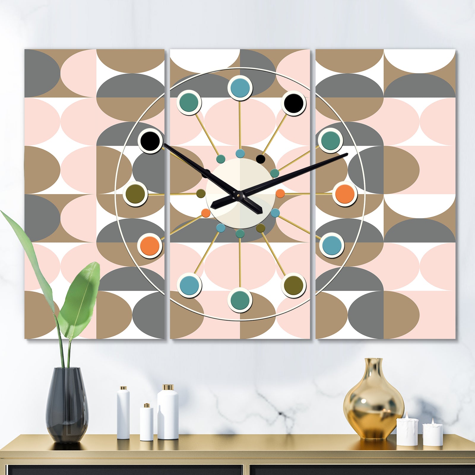 Retro Circular Pattern IV - Oversized Mid-Century wall clock - 3 Panels