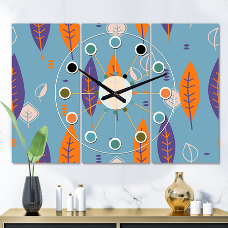 Floral Retro Botanical Pattern II - Oversized Mid-Century wall clock - 3 Panels