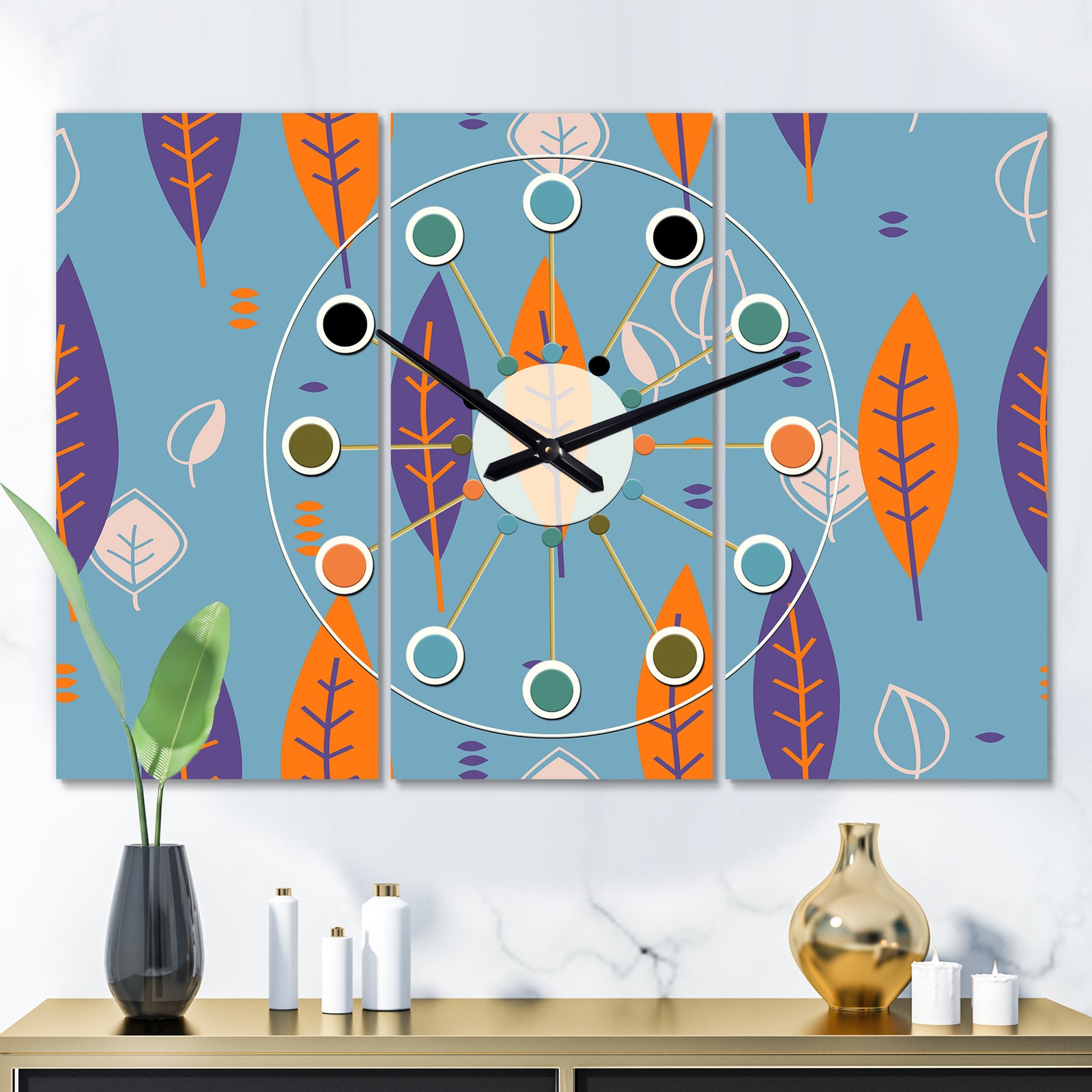 Floral Retro Botanical Pattern II - Oversized Mid-Century wall clock - 3 Panels