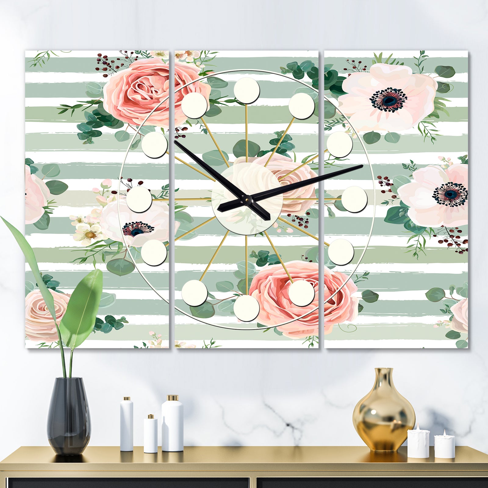 Floral Retro Pattern V - Oversized Mid-Century wall clock - 3 Panels