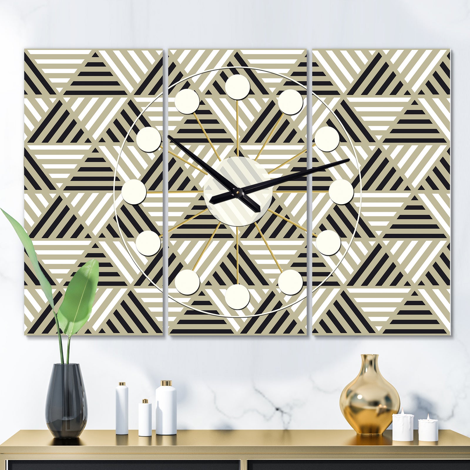 Triangular Retro Design VIII - Oversized Mid-Century wall clock - 3 Panels