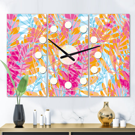 Retro Floral Pattern III - Oversized Mid-Century wall clock - 3 Panels