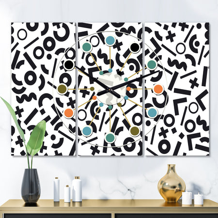 Monochrome Geometric Pattern XIII - Oversized Mid-Century wall clock - 3 Panels