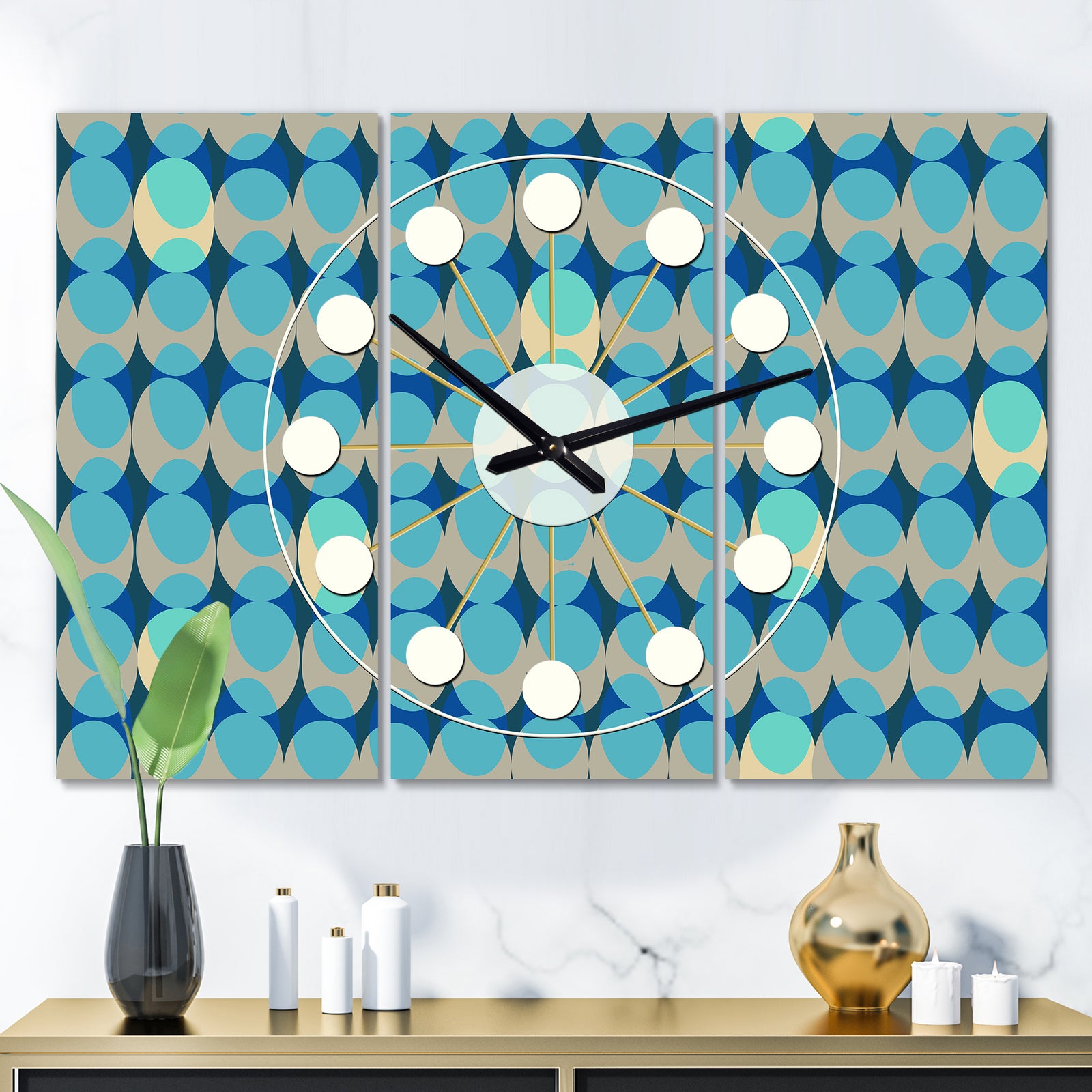 Retro Abstract Design XV - Oversized Mid-Century wall clock - 3 Panels