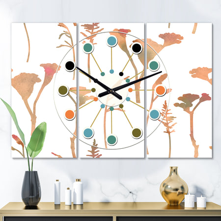 Retro Handdrawn Flowers I - Oversized Mid-Century wall clock - 3 Panels