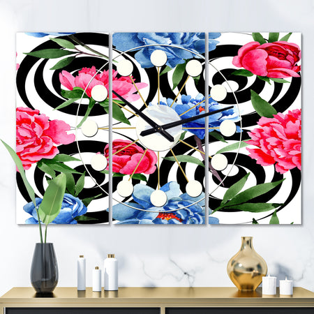 Floral Retro Pattern I - Oversized Mid-Century wall clock - 3 Panels
