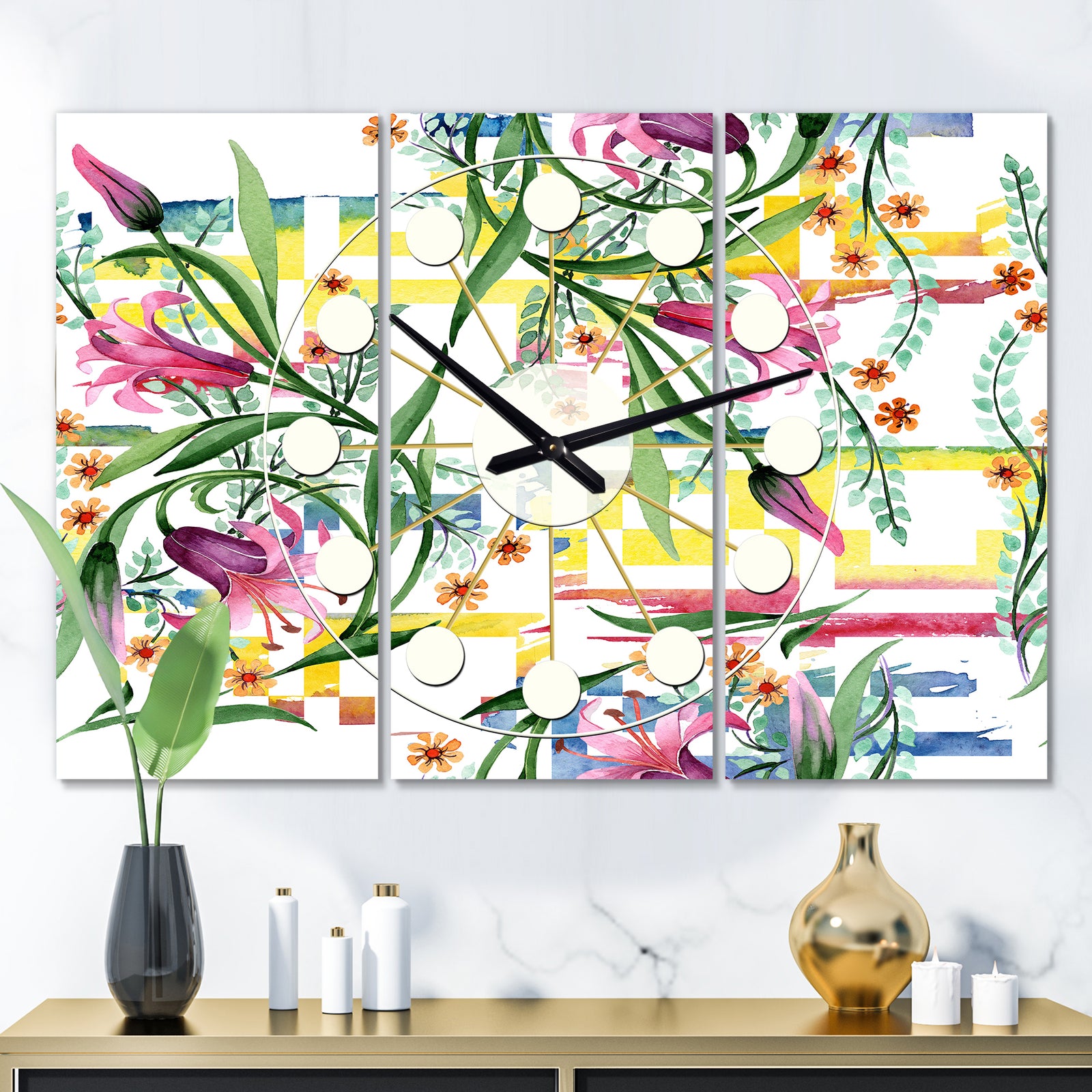 Floral Botanical Retro XI - Oversized Mid-Century wall clock - 3 Panels