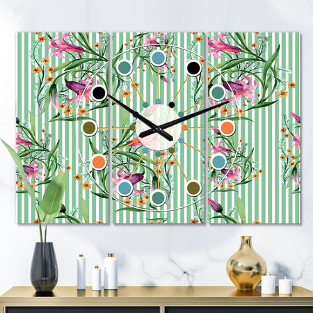Floral Botanical Retro IX - Oversized Mid-Century wall clock - 3 Panels