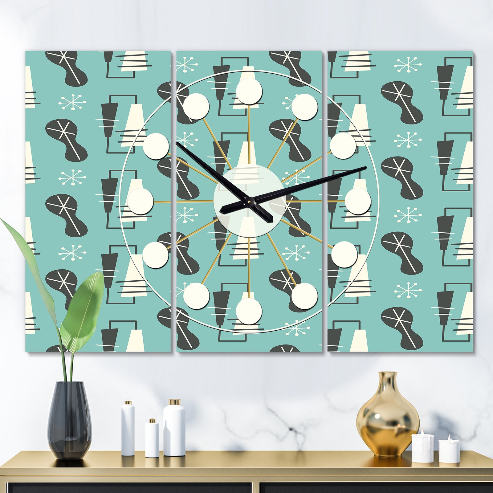 1950 Retro Pattern II - Oversized Mid-Century wall clock - 3 Panels