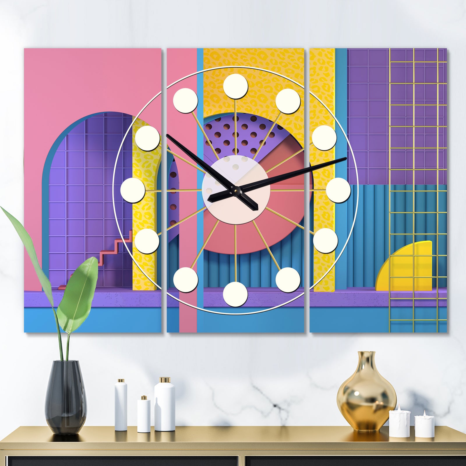 Abstract Retro Geometric Architecture - Oversized Mid-Century wall clock - 3 Panels