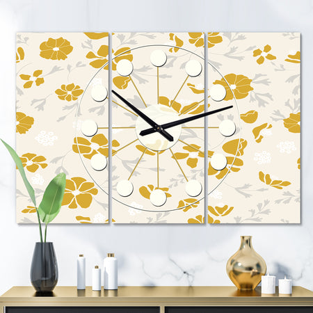 Retro Handdrawn Poppies III - Oversized Mid-Century wall clock - 3 Panels