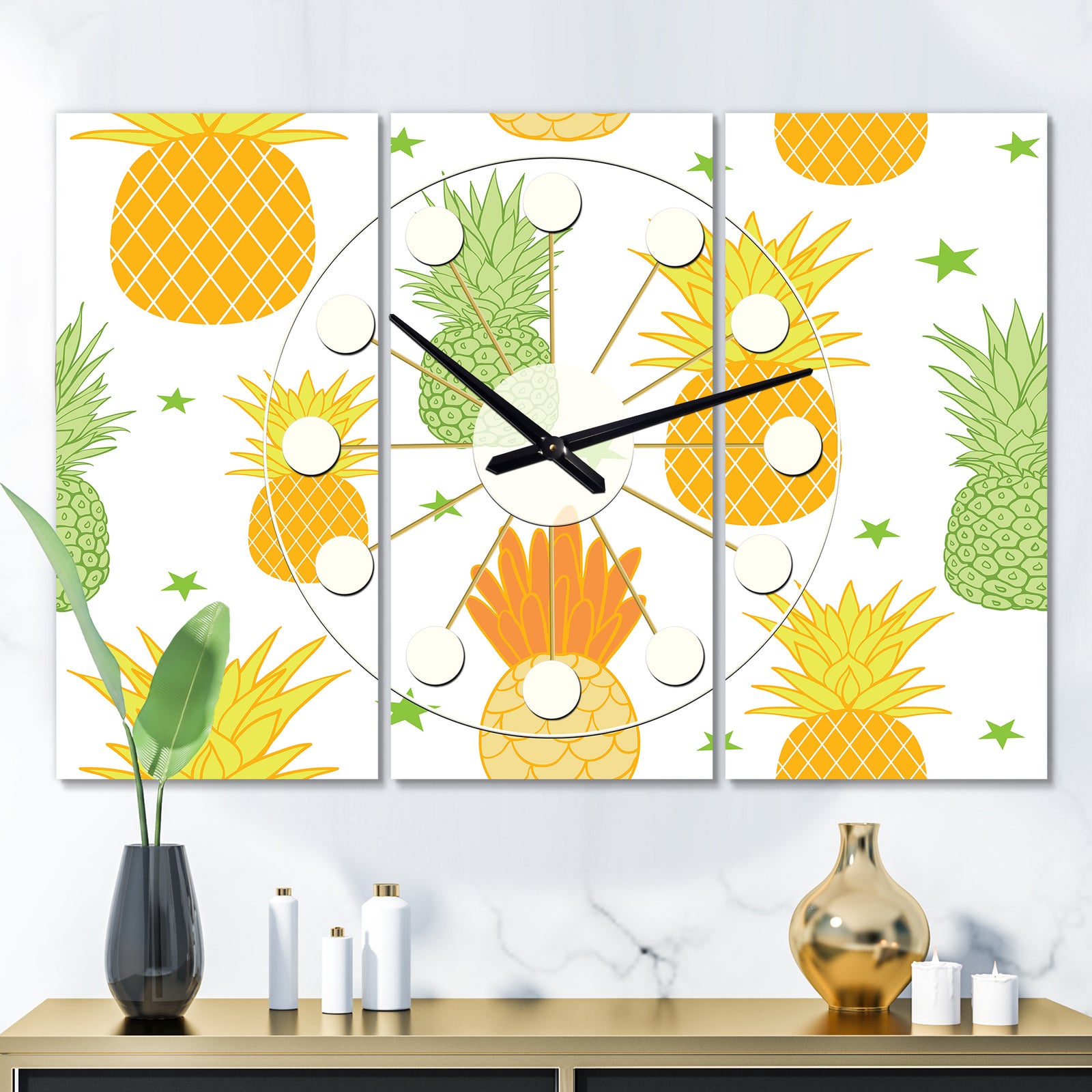 Pineapple Summer Bliss II - Oversized Mid-Century wall clock - 3 Panels