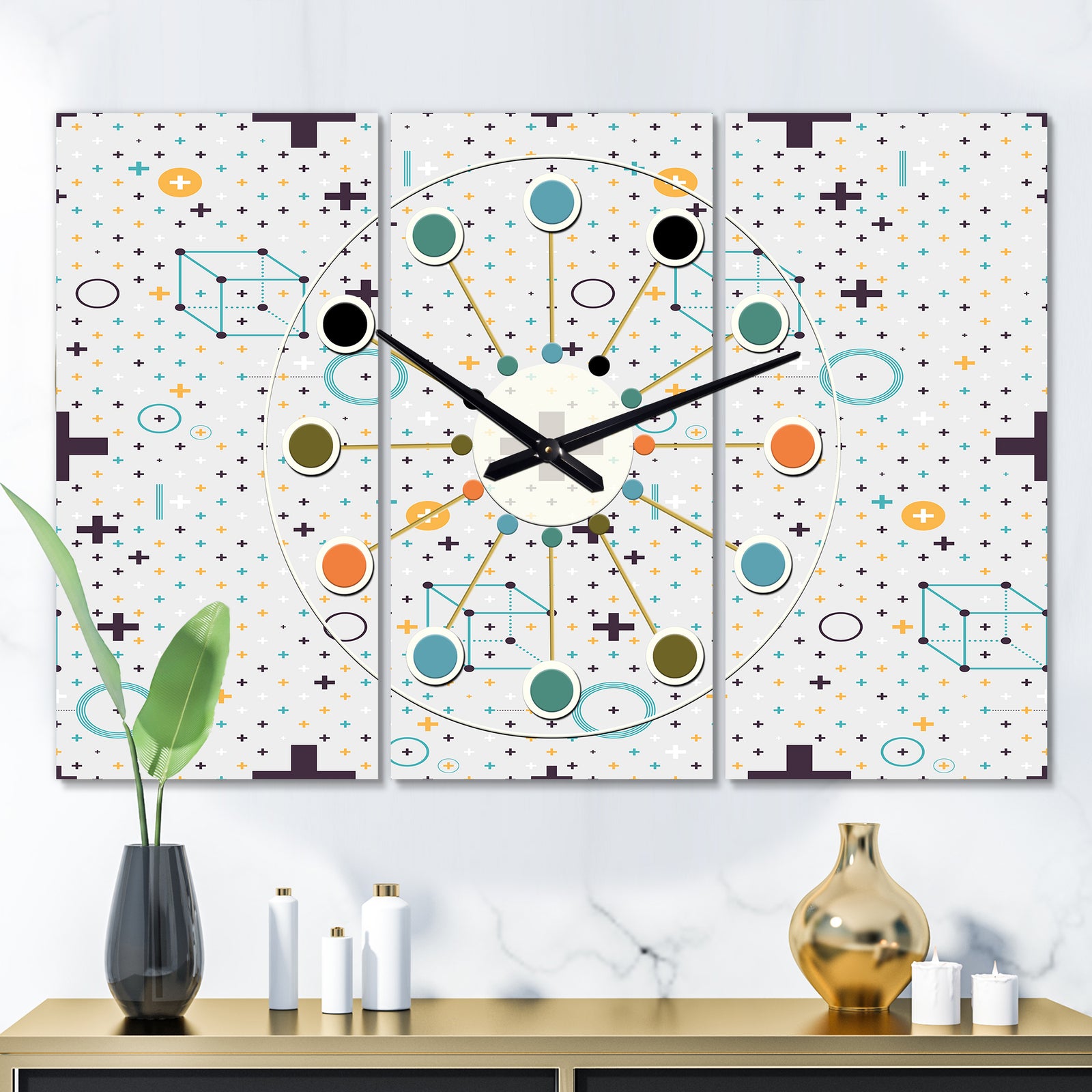 Minimalistic Geometric Elements - Oversized Mid-Century wall clock - 3 Panels
