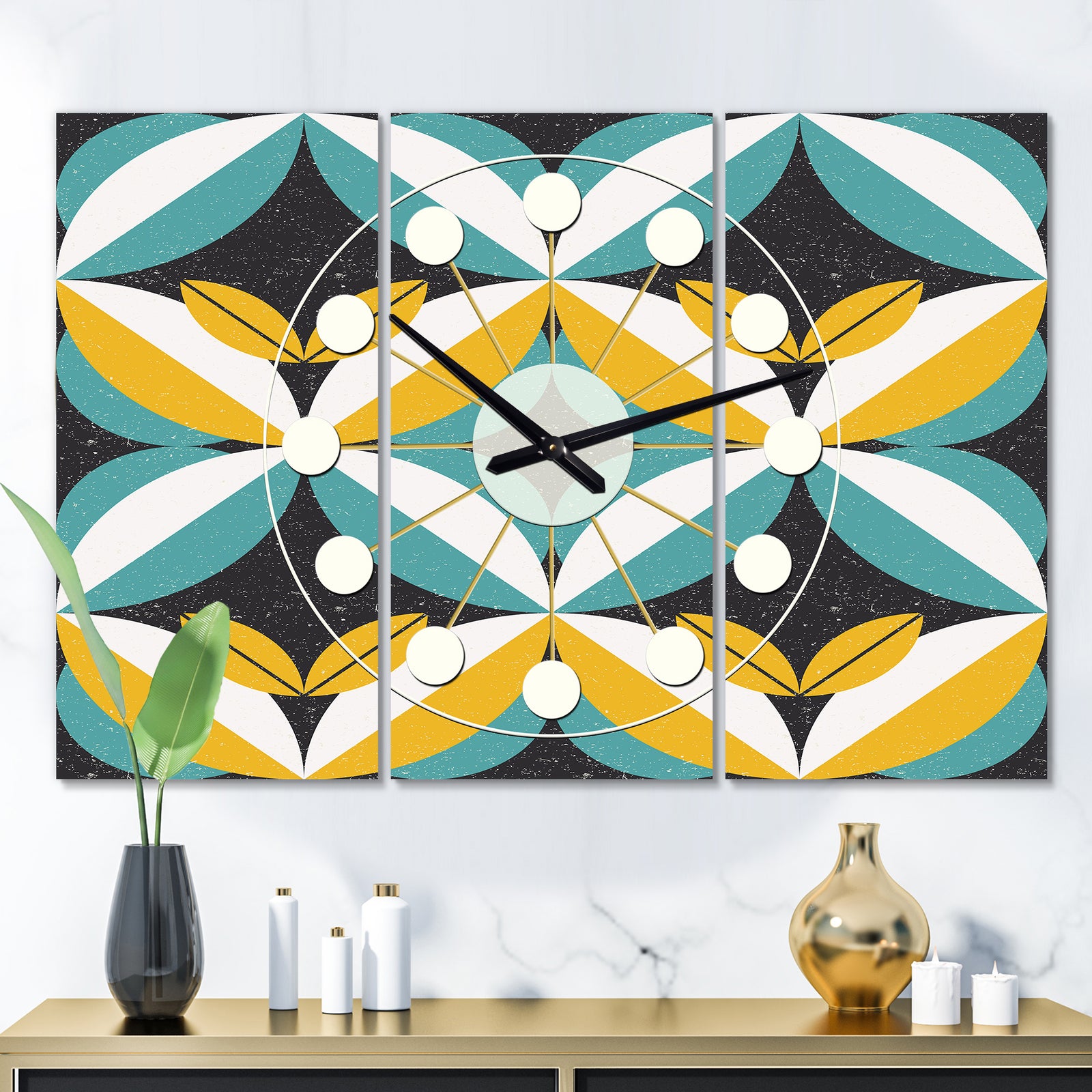 Retro Abstract Design VII - Oversized Mid-Century wall clock - 3 Panels