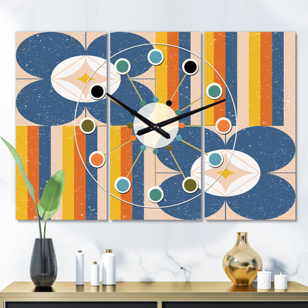 Retro Floral Pattern XI - Oversized Mid-Century wall clock - 3 Panels