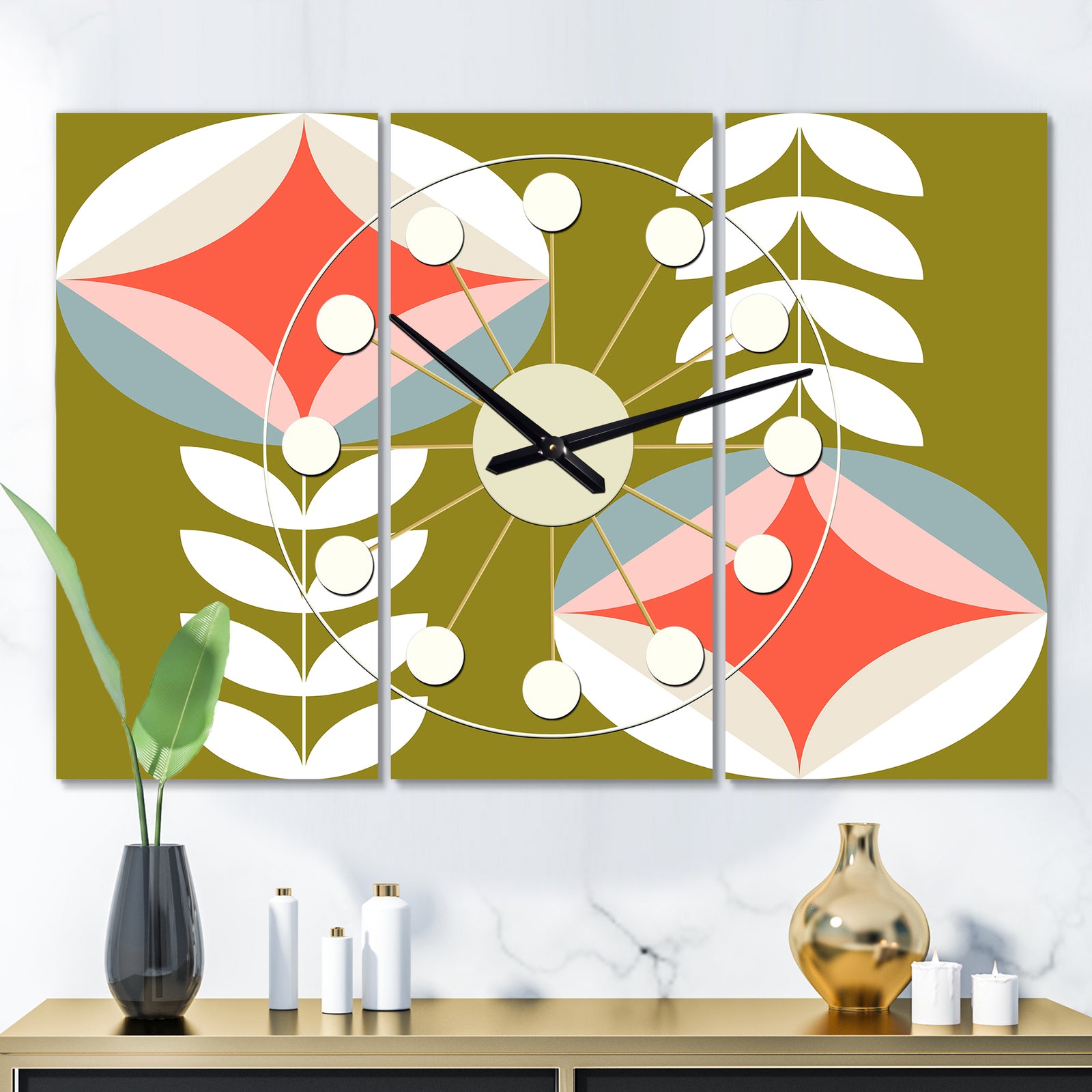 Retro Botanical Pattern I - Oversized Mid-Century wall clock - 3 Panels