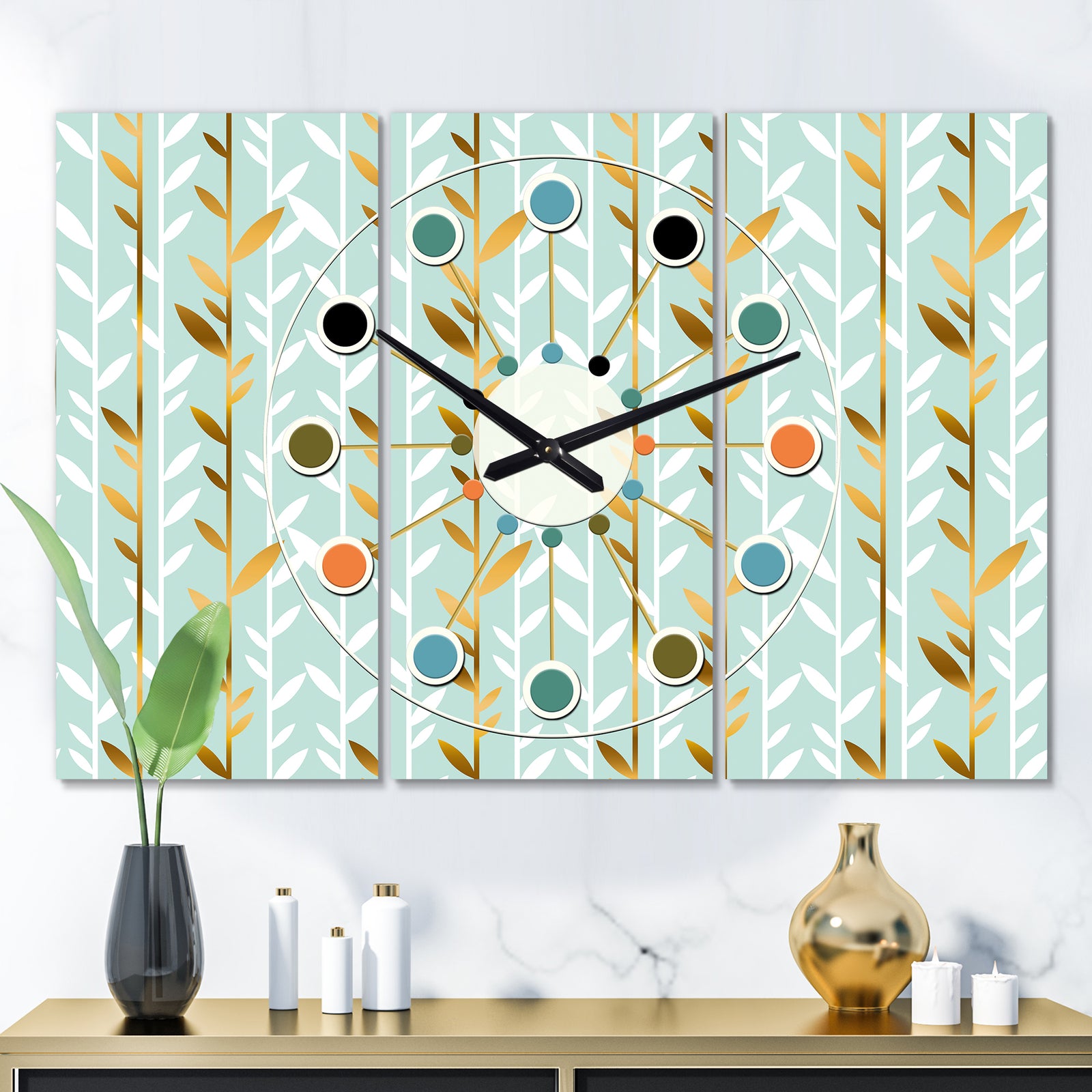 Golden Foliage I - Oversized Mid-Century wall clock - 3 Panels