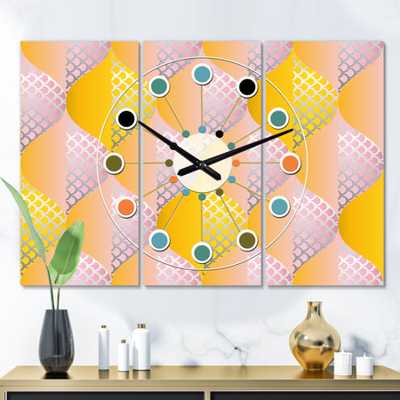 Golden Geometrical Diamond Pattern IV - Oversized Mid-Century wall clock - 3 Panels