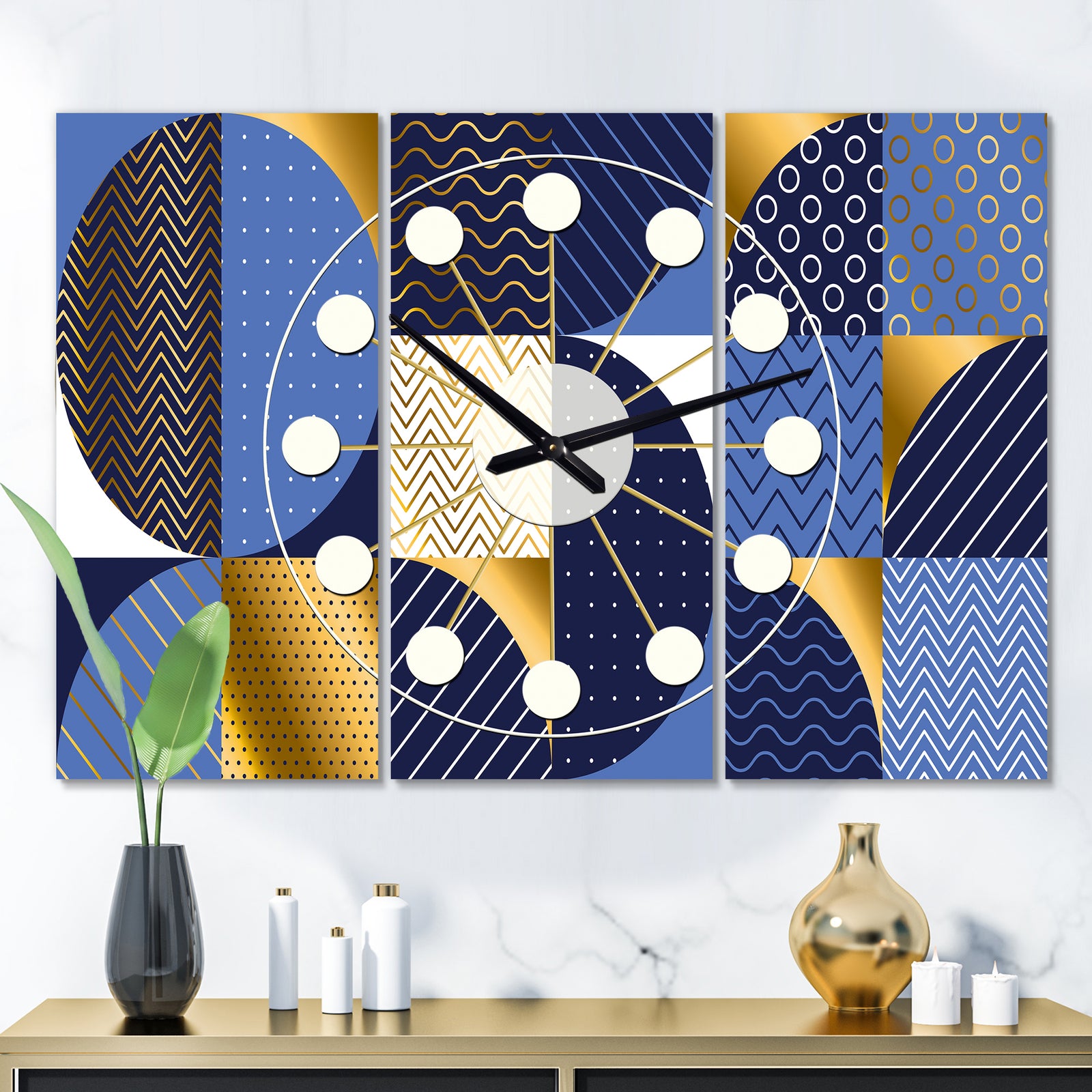 Retro Luxury Waves In Gold and Blue IV - Oversized Mid-Century wall clock - 3 Panels