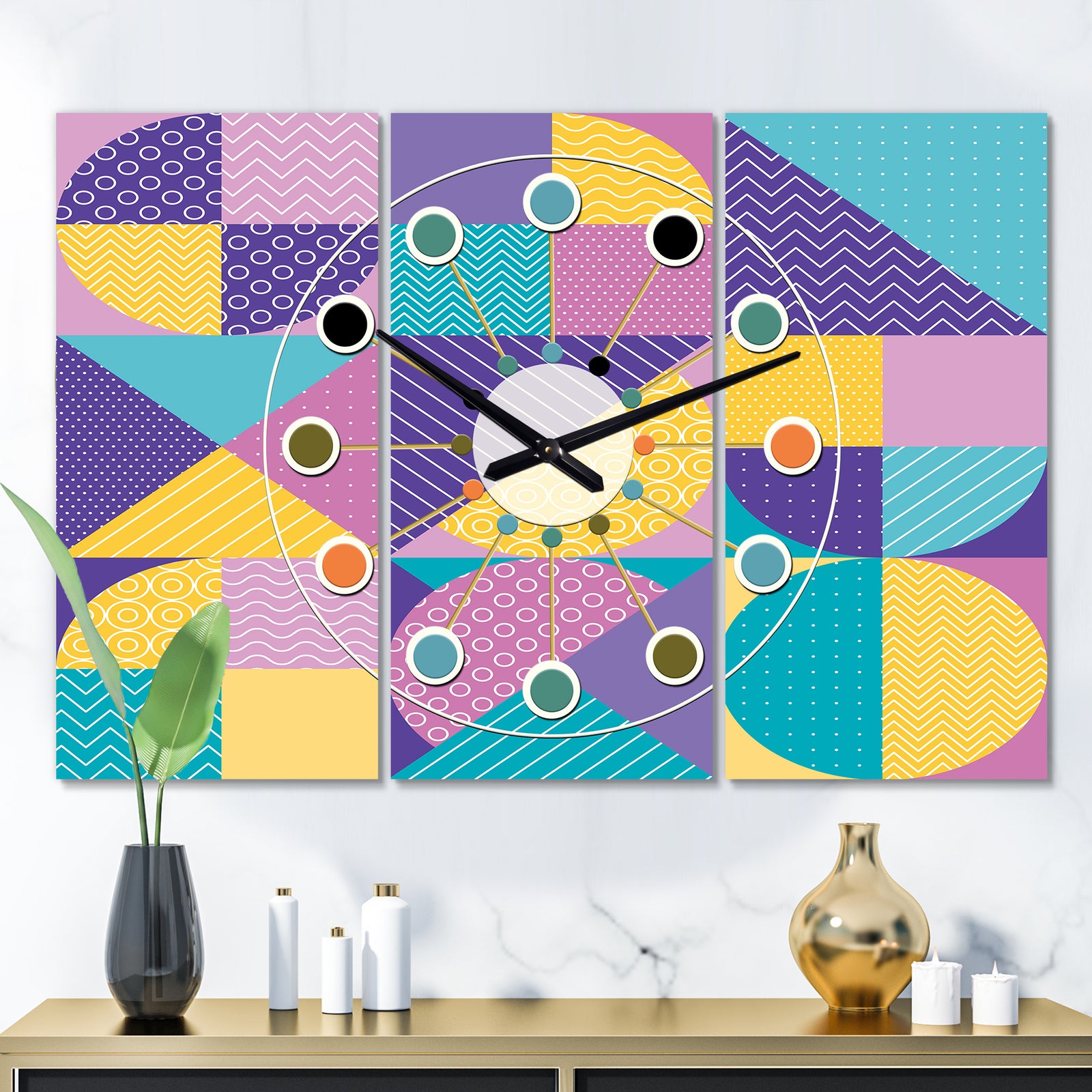 Geometrical Pastel Abstract I - Oversized Mid-Century wall clock - 3 Panels