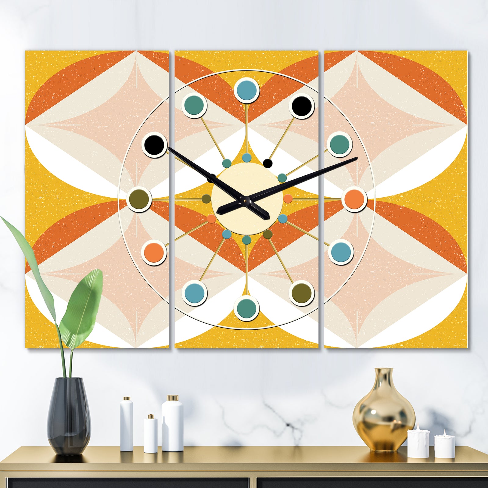 Retro Abstract Design XII - Oversized Mid-Century wall clock - 3 Panels