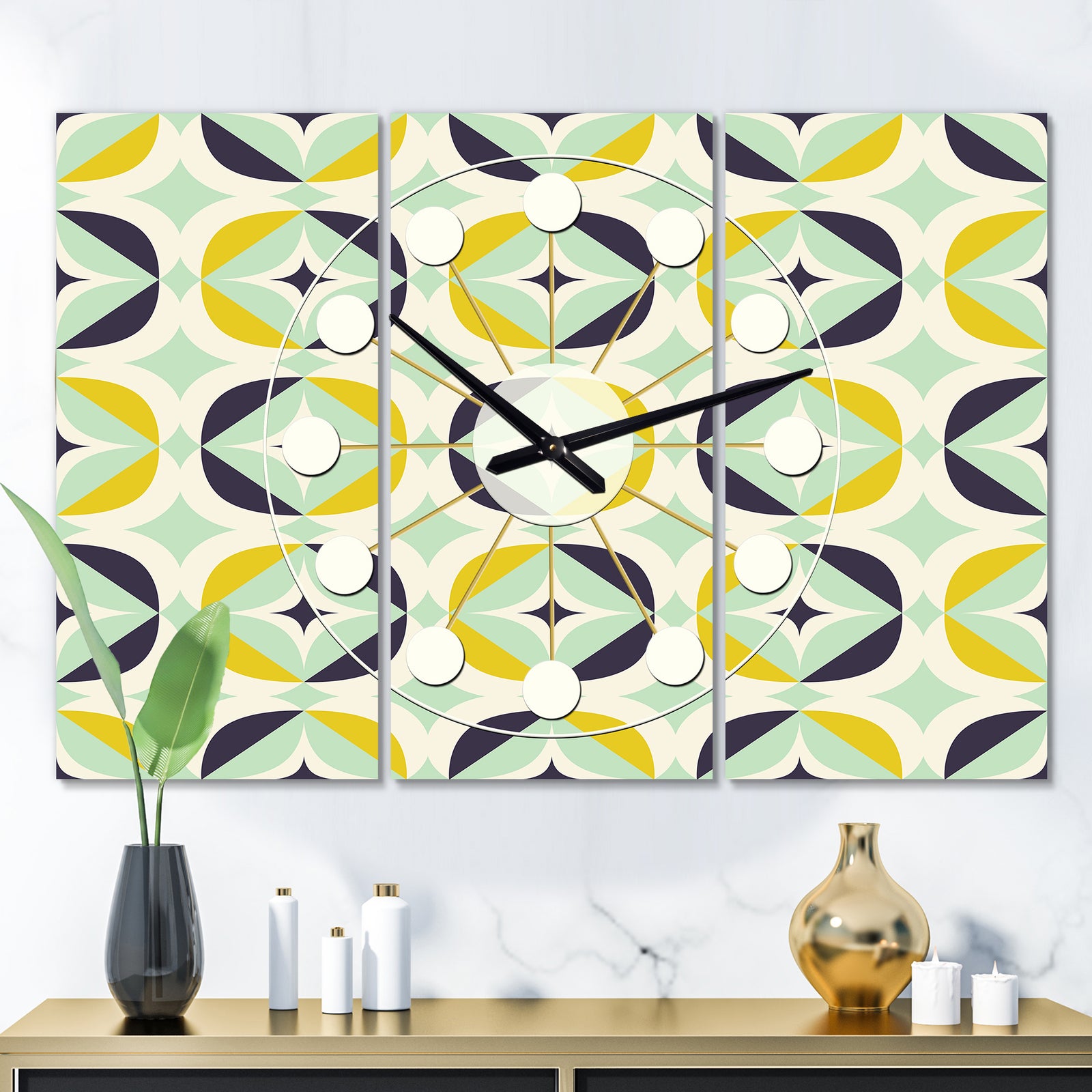 Diamond Retro V - Oversized Mid-Century wall clock - 3 Panels