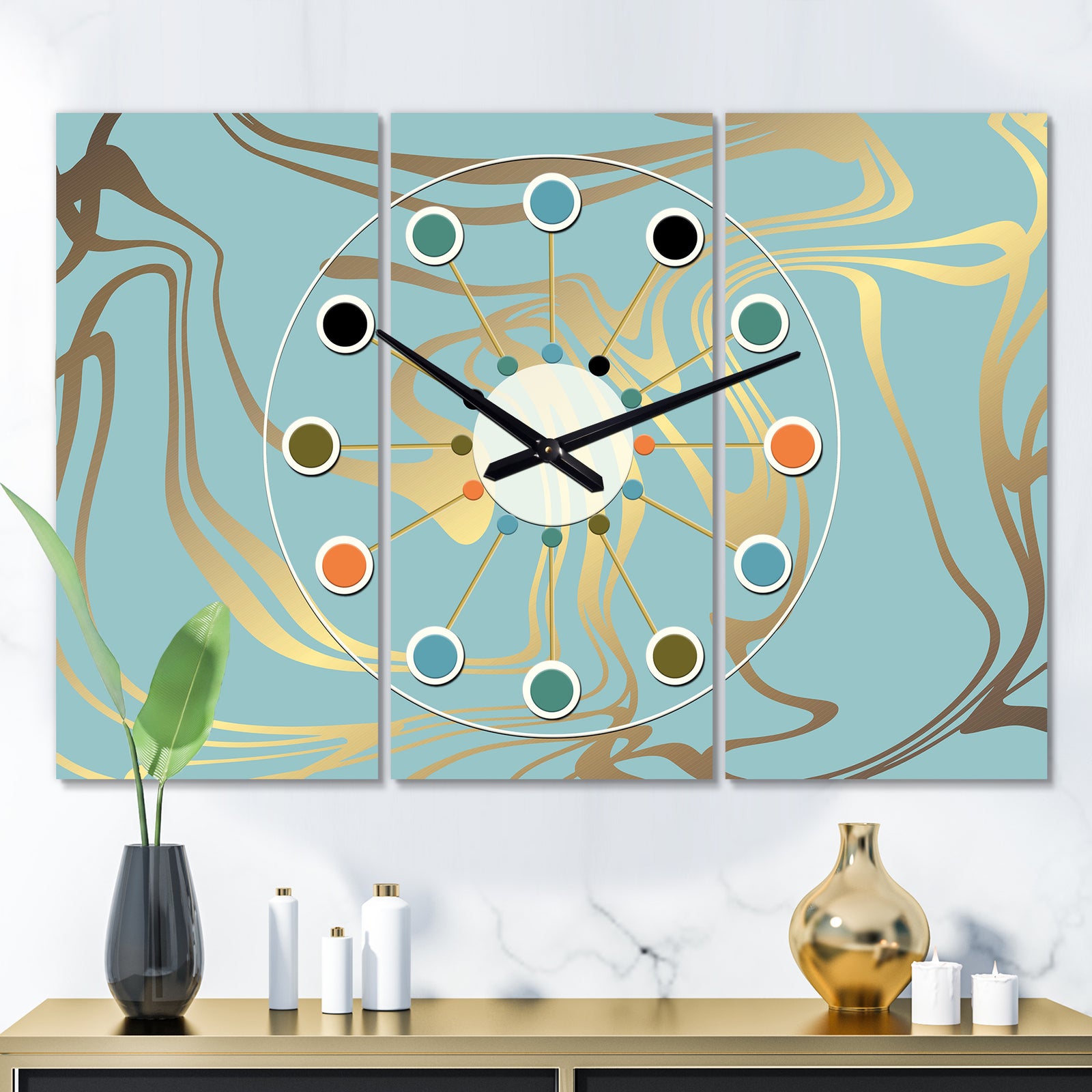 Golden Marble Design I - Oversized Mid-Century wall clock - 3 Panels