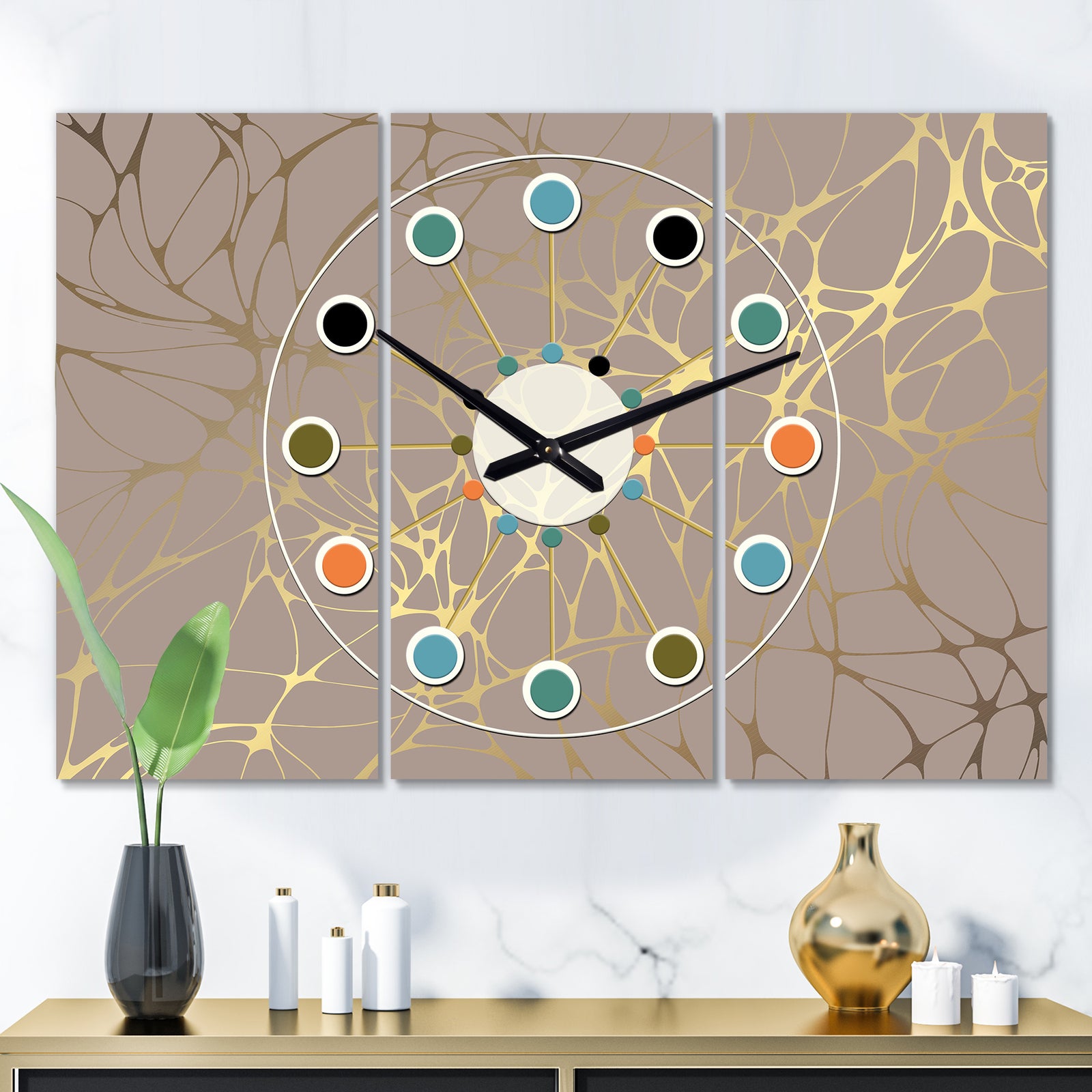 Golden Marble Design II - Oversized Mid-Century wall clock - 3 Panels