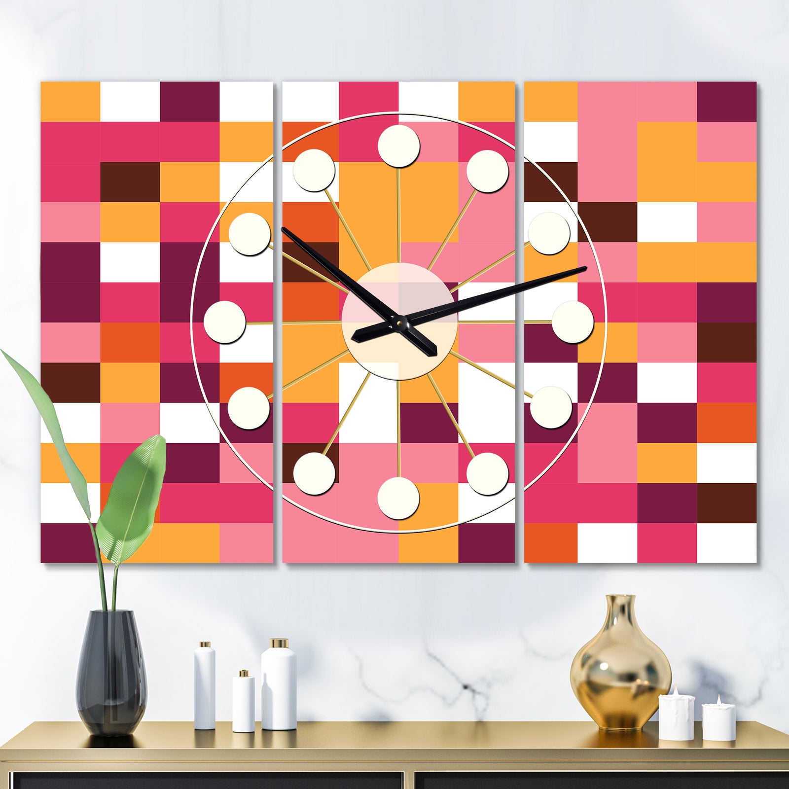 Retro Geometric  Design VII - Oversized Mid-Century wall clock - 3 Panels