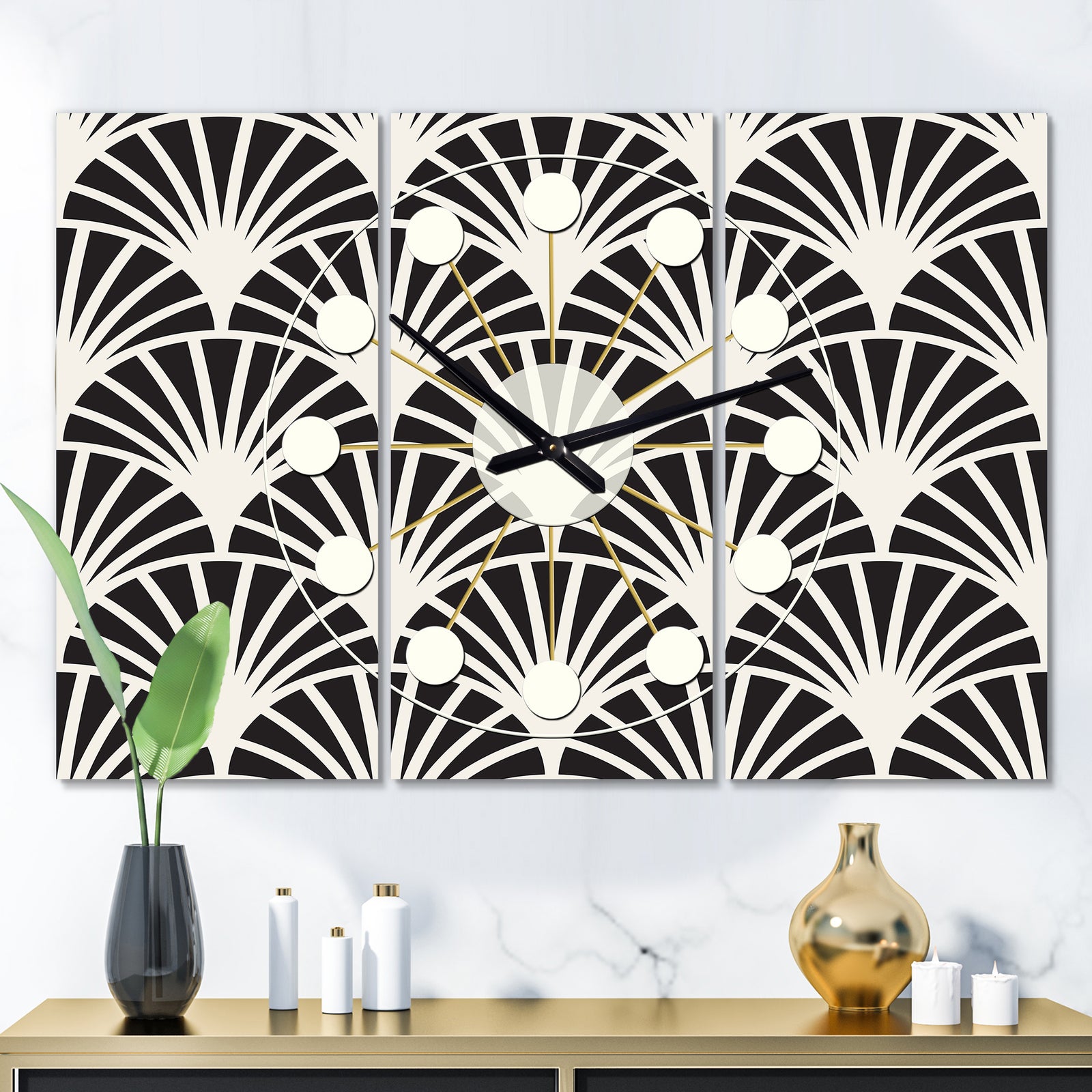 Retro Art Deco Waves I - Oversized Mid-Century wall clock - 3 Panels