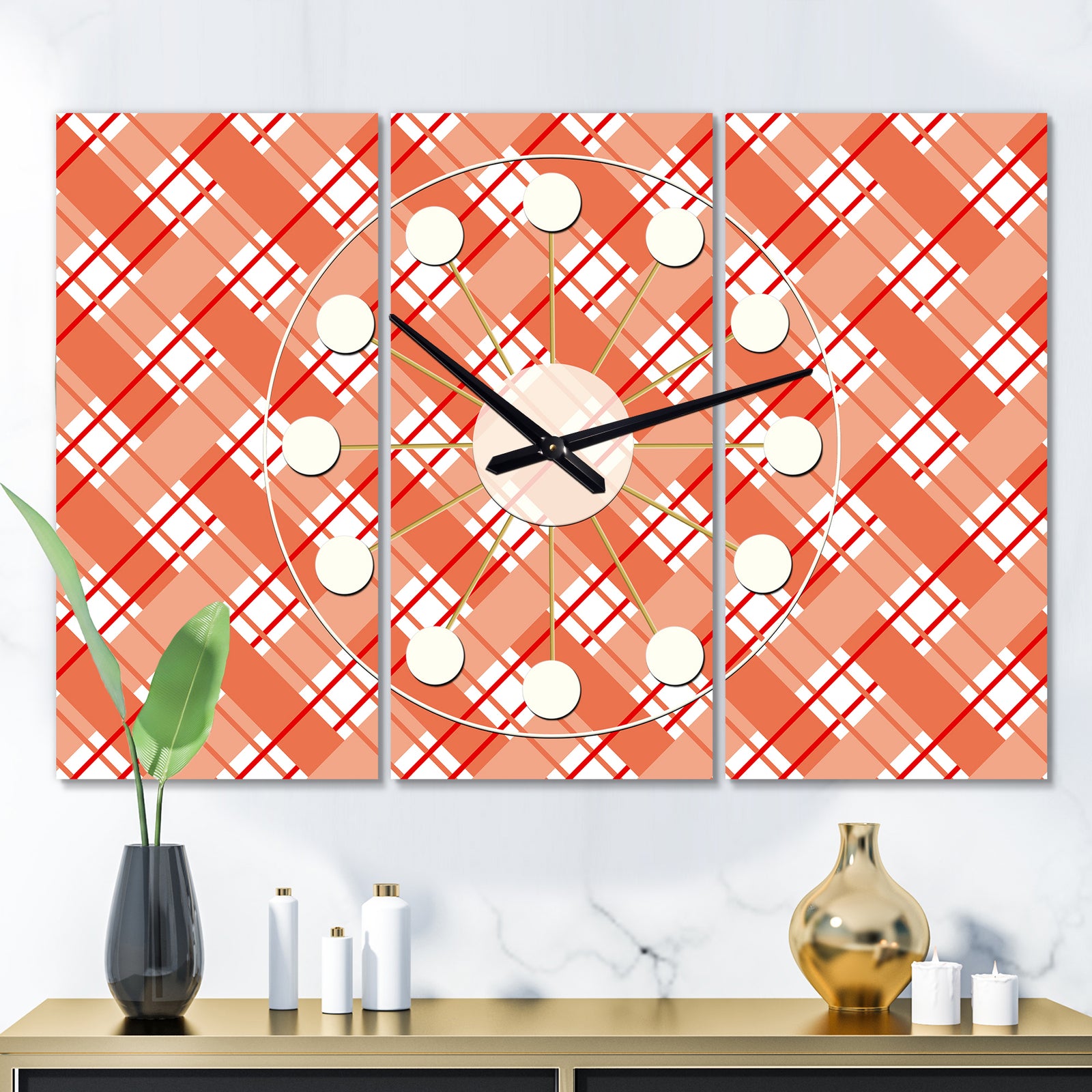 Retro Checkered Pattern I - Oversized Mid-Century wall clock - 3 Panels