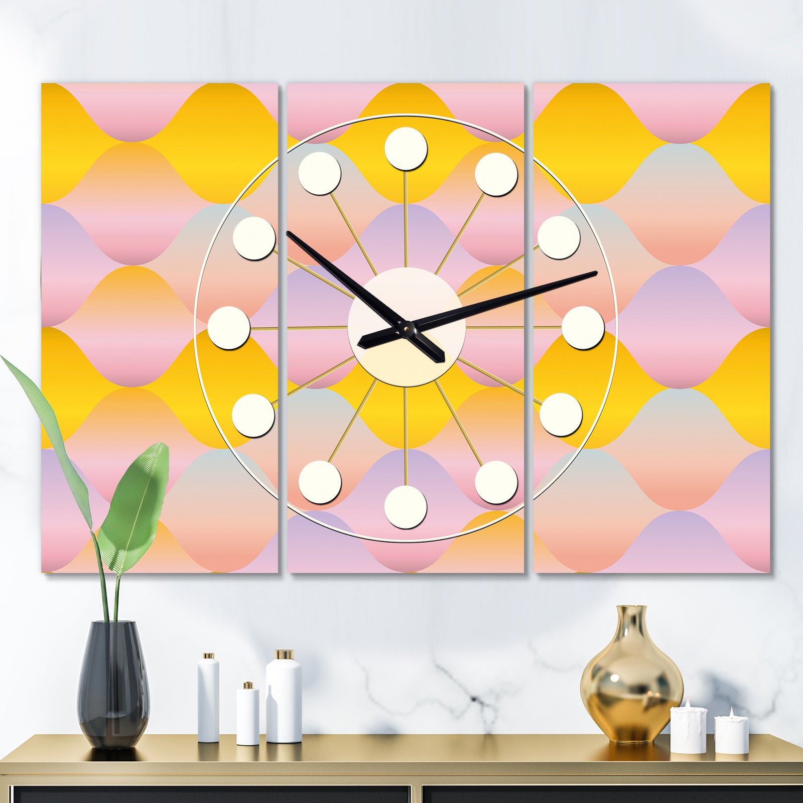 Golden Geometrical Diamond Pattern II - Oversized Mid-Century wall clock - 3 Panels