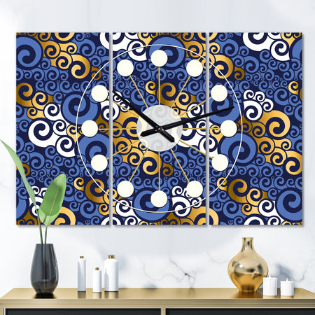 Retro Luxury Waves In Gold and Blue III - Oversized Mid-Century wall clock - 3 Panels