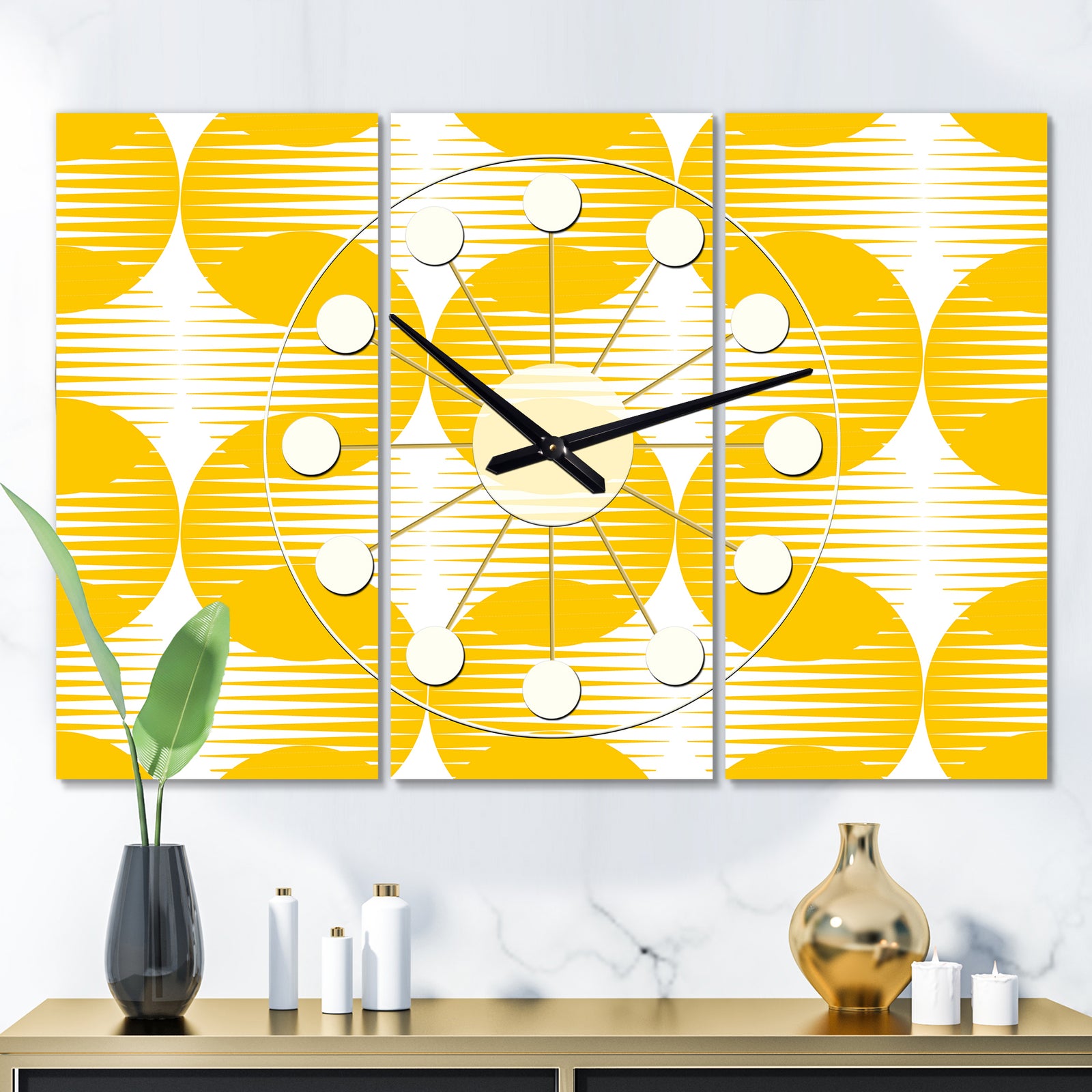 Abstract Retro Geometric Pattern IV - Oversized Mid-Century wall clock - 3 Panels