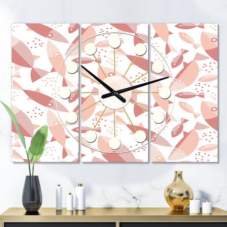 Pink Fishes Pattern - Oversized Mid-Century wall clock - 3 Panels