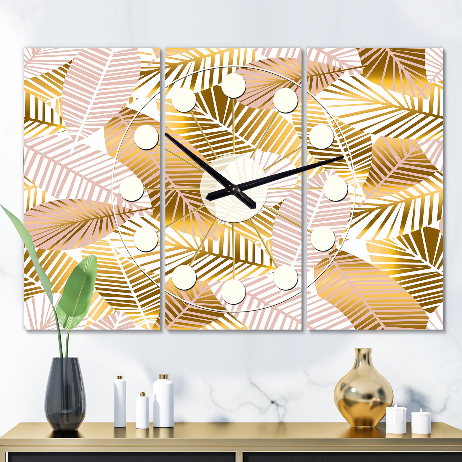 Golden Palm Leaves II - Oversized Mid-Century wall clock - 3 Panels