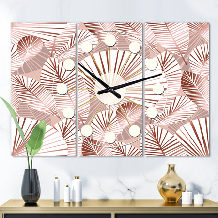 Golden Tropical Pattern IV - Oversized Mid-Century wall clock - 3 Panels
