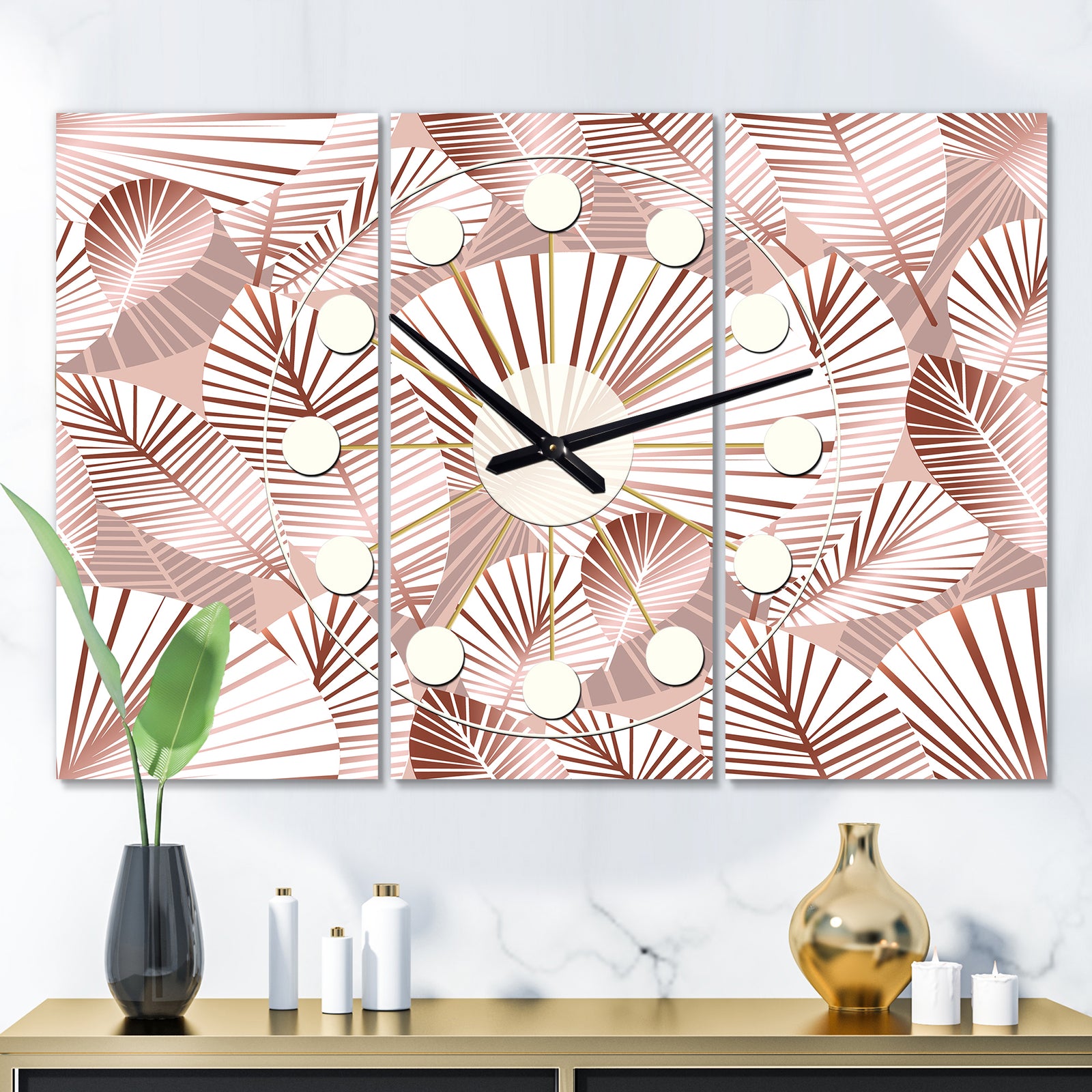 Golden Tropical Pattern IV - Oversized Mid-Century wall clock - 3 Panels