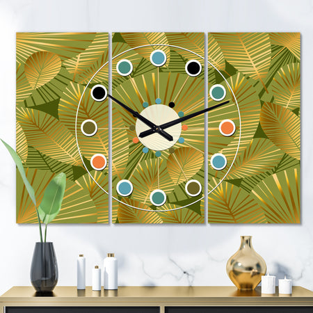 Golden Leaves I - Oversized Mid-Century wall clock - 3 Panels