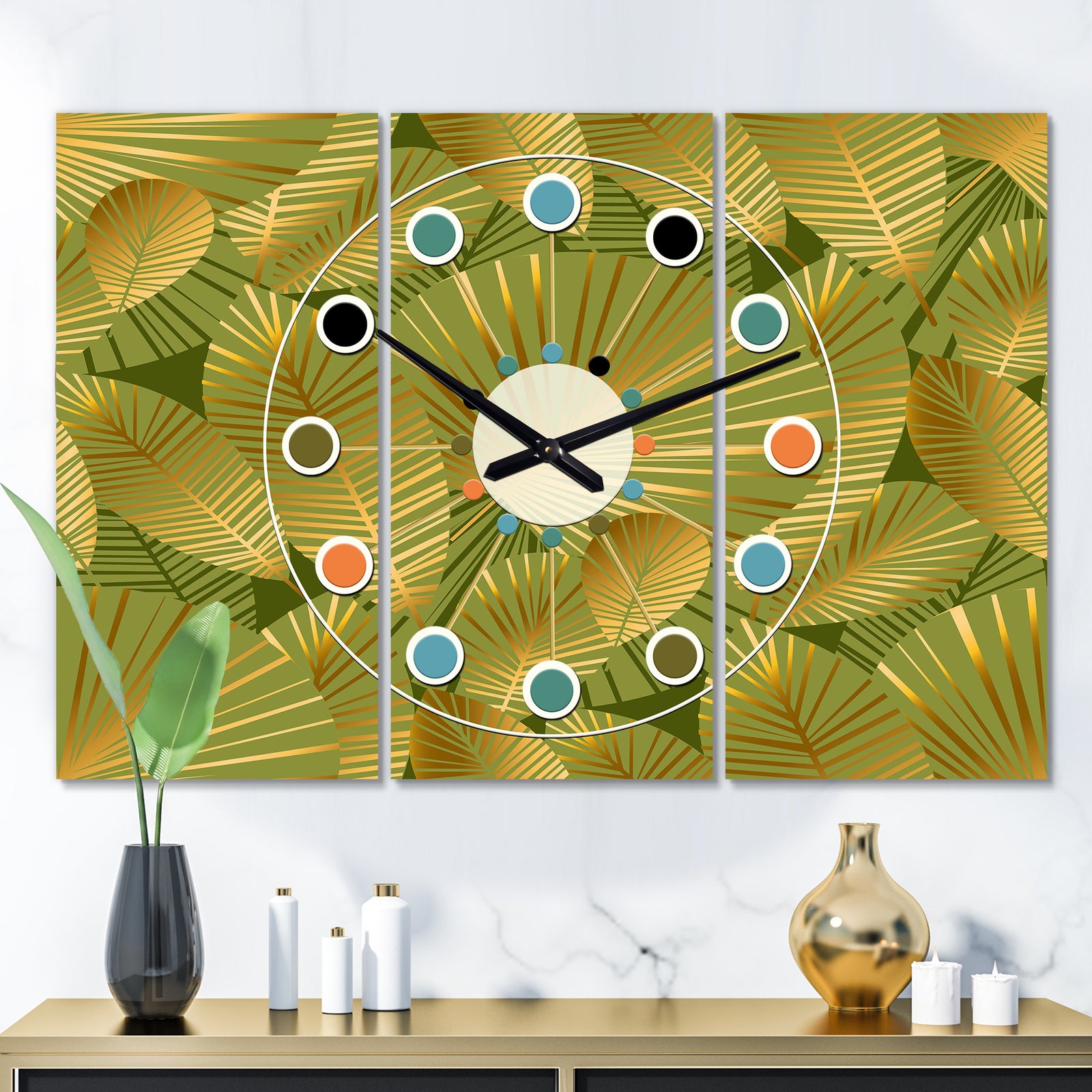 Golden Leaves I - Oversized Mid-Century wall clock - 3 Panels