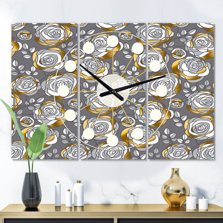 Golden Rose Flowers  - Oversized Mid-Century wall clock - 3 Panels