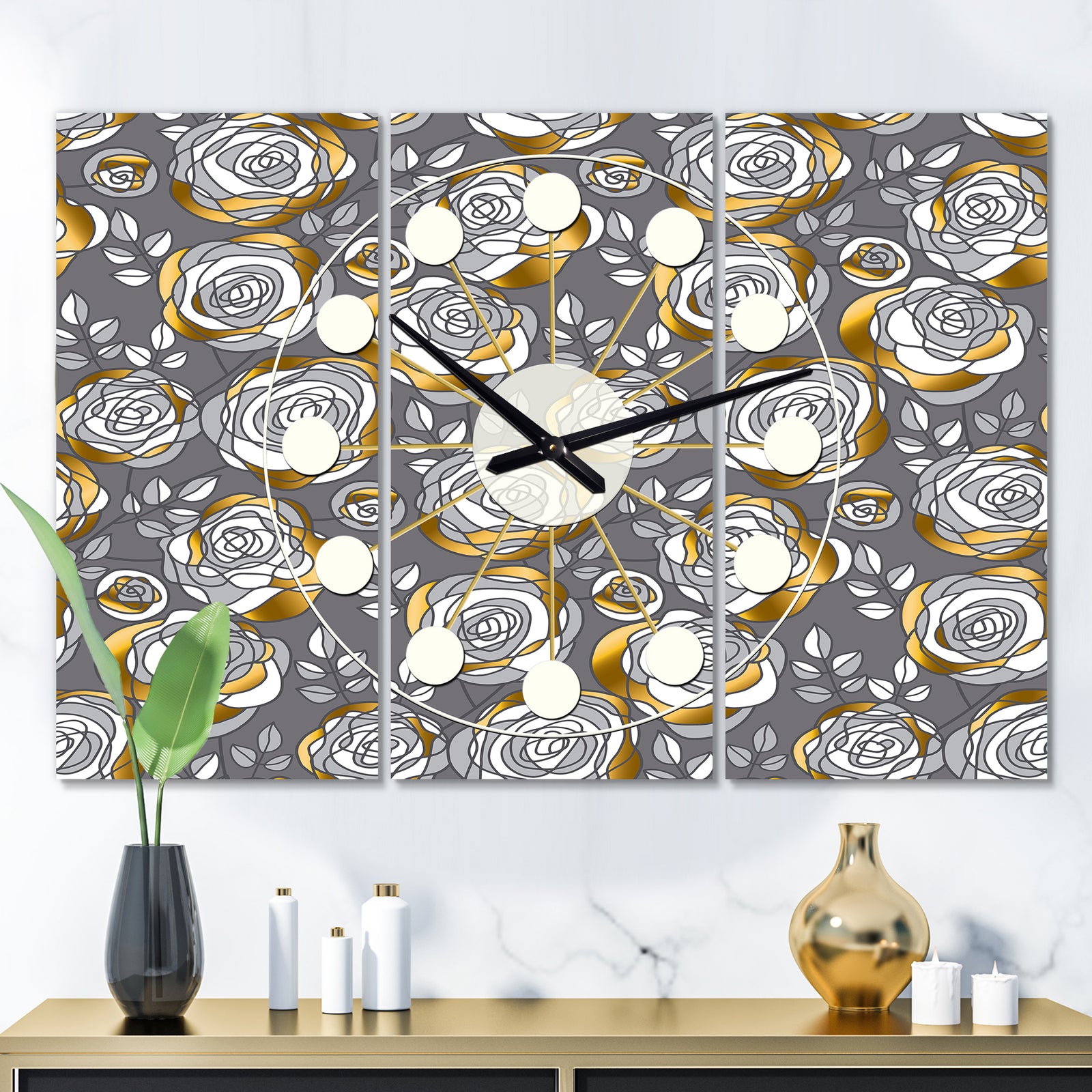 Golden Rose Flowers  - Oversized Mid-Century wall clock - 3 Panels