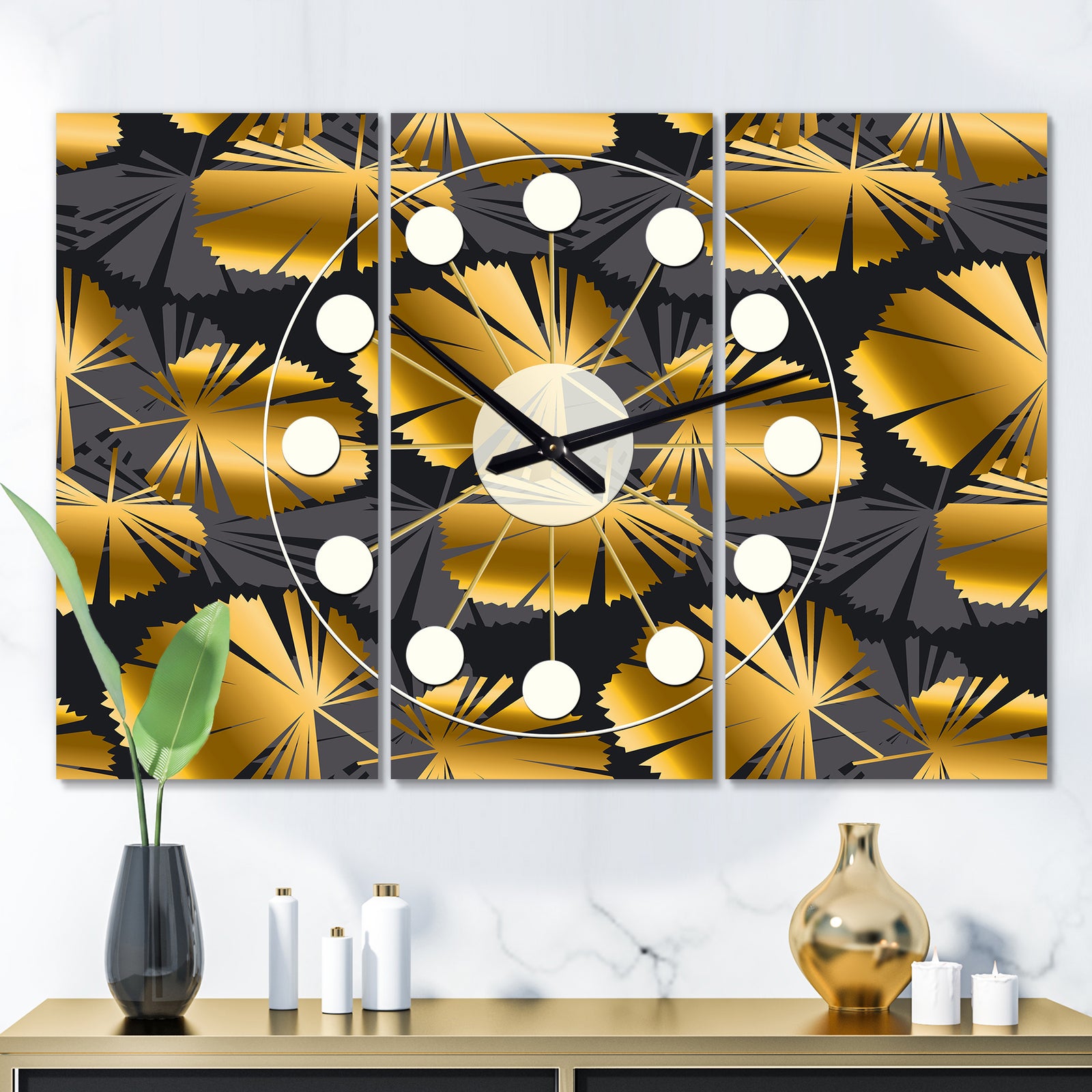 Golden Palm Leaves III - Oversized Mid-Century wall clock - 3 Panels